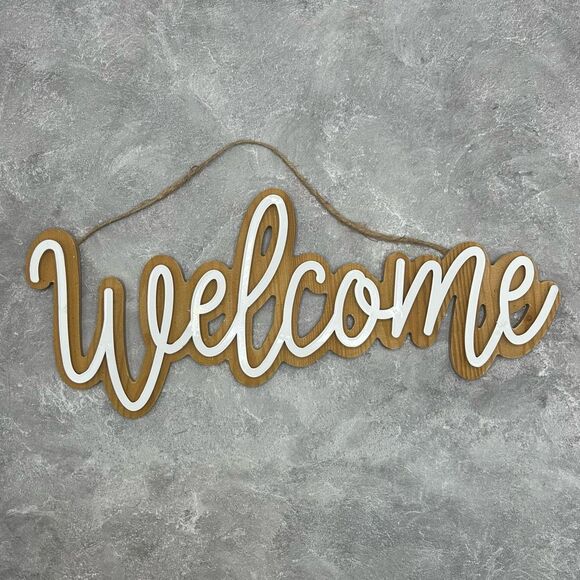 NWT Welcome Sign Front Door Wall Hanging Decor Minimalist White Brown - Picture 1 of 11
